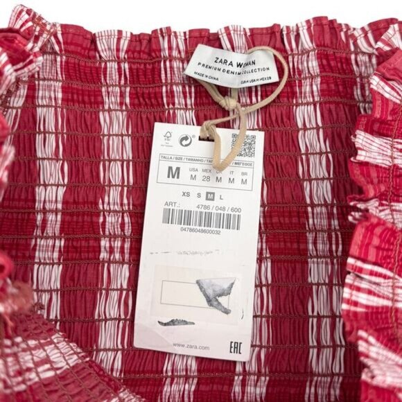 NWT ZARA Off the Shoulder Bell Sleeve Smocked Top Sz Medium Striped Red / White - Picture 3 of 5